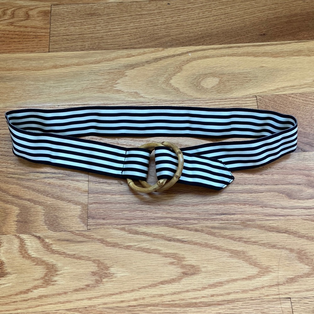 Black and white striped belt with bamboo buckle